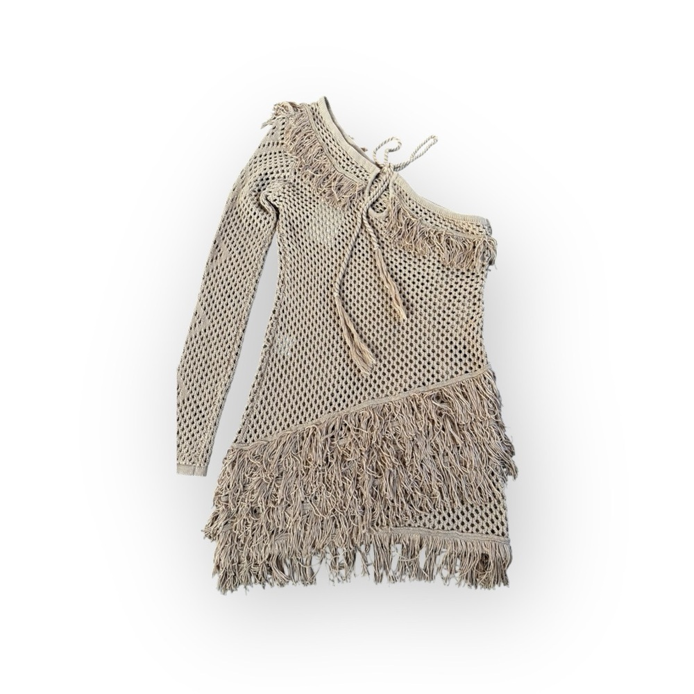 Tularosa Crochet Fringe Knit Dress Beige Tan Boho Resort Cover Up Size M